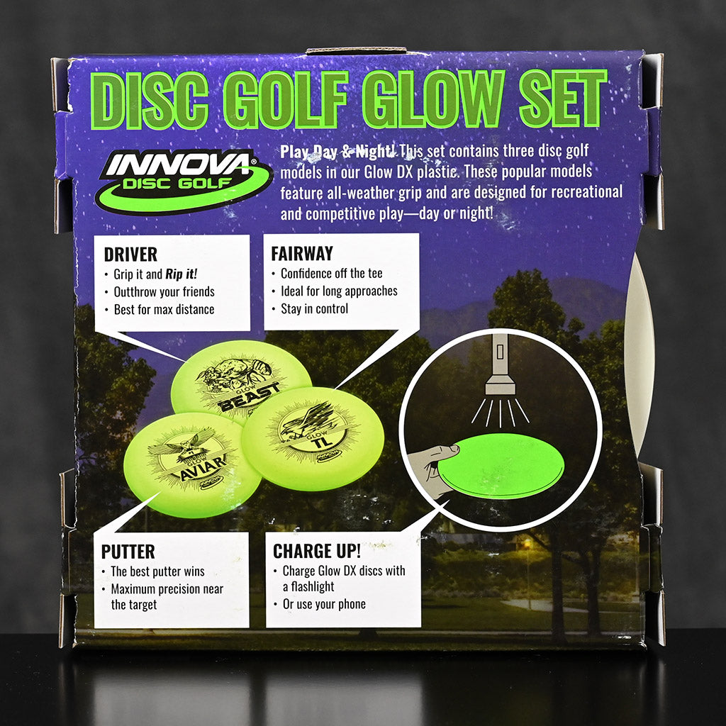 Innova starter set DX disc golf glow night dark frolf back of box