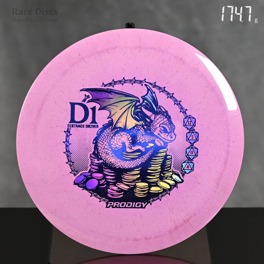 Prodigy Dragon D1 Reblend Special Edition Distance Driver with baby dragon sitting on coins stamp and D20 dice flight numbers