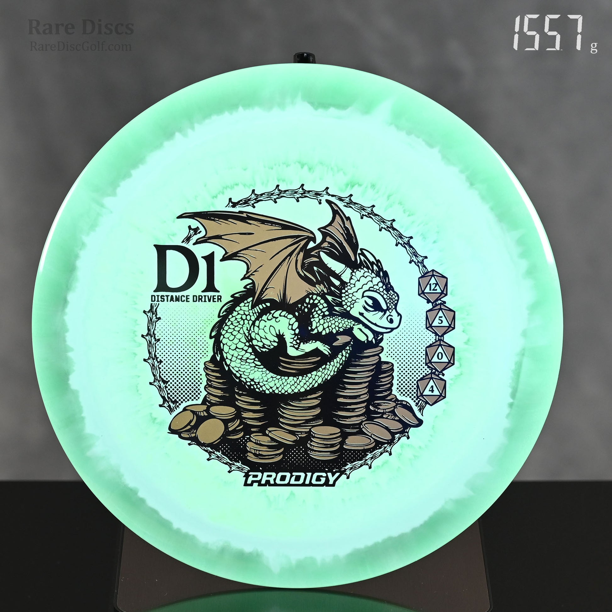 Prodigy Dragon D1 Reblend Special Edition Distance Driver with baby dragon sitting on coins stamp and D20 dice flight numbers