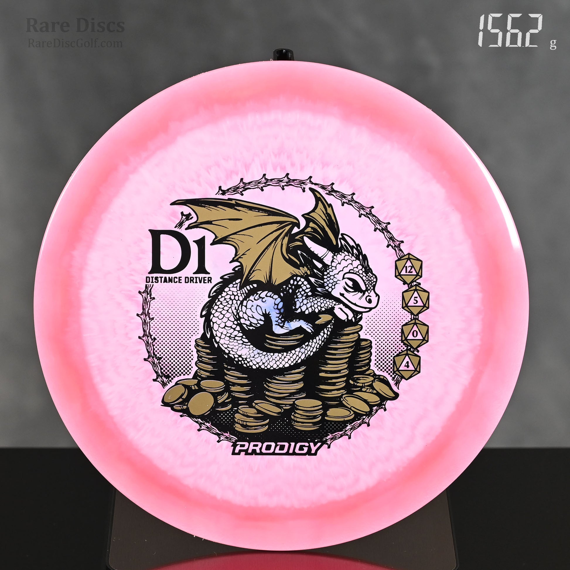 Prodigy Dragon D1 Reblend Special Edition Distance Driver with baby dragon sitting on coins stamp and D20 dice flight numbers