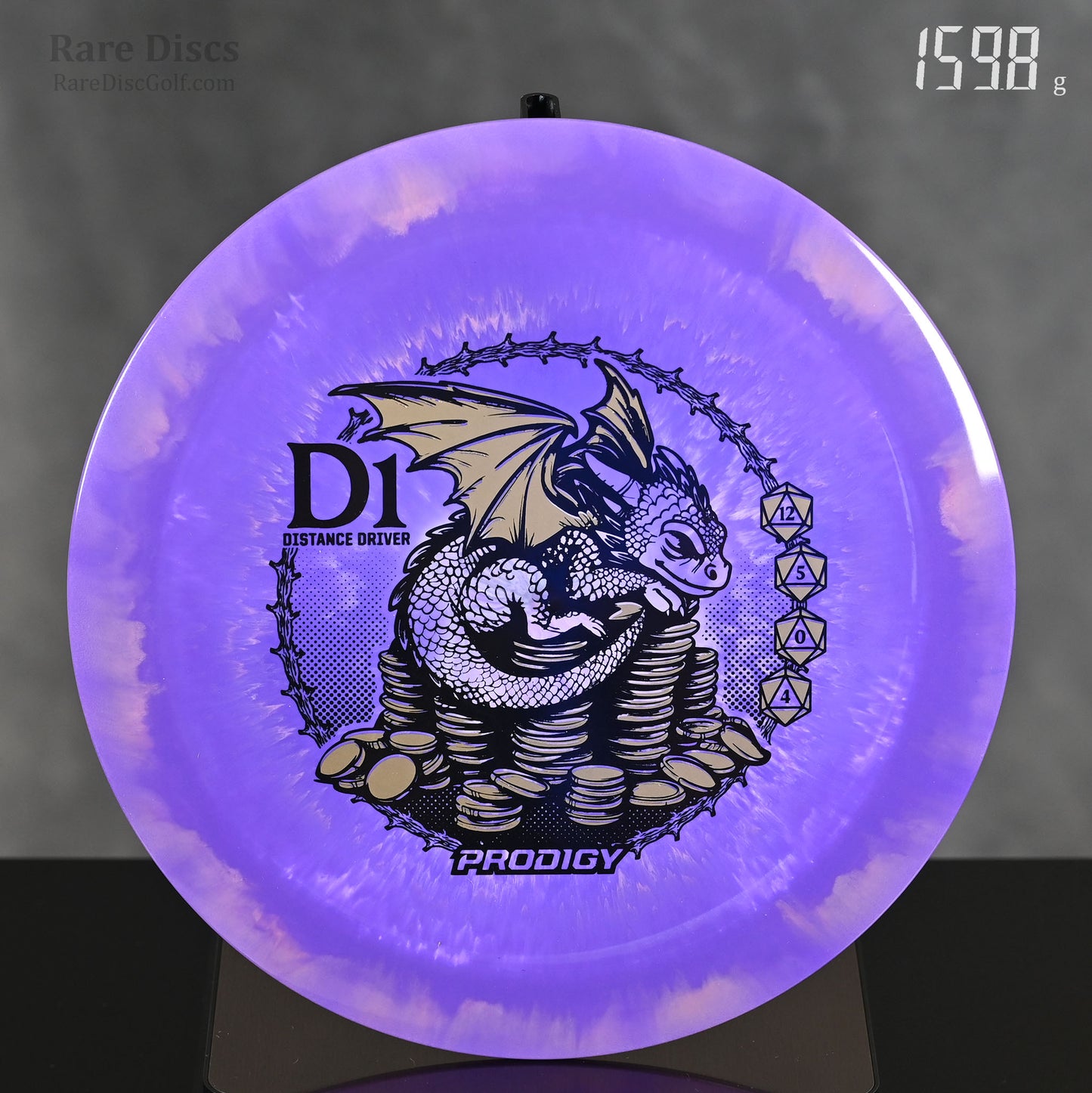 Prodigy Dragon D1 air spectrum Special Edition Distance Driver with baby dragon sitting on coins stamp and D20 dice flight numbers