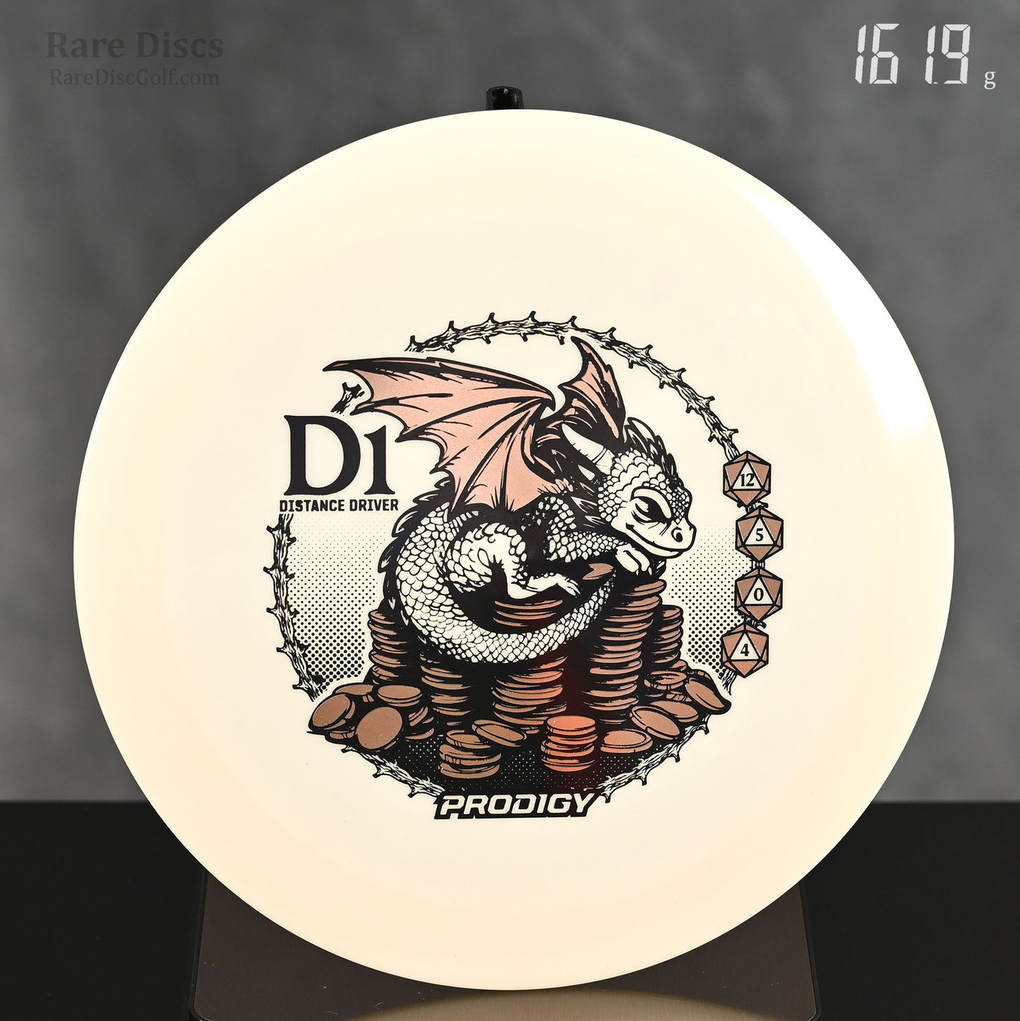 Prodigy Dragon D1 glow 400 Special Edition Distance Driver with baby dragon sitting on coins stamp and D20 dice flight numbers