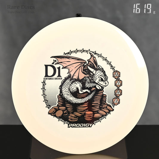 Prodigy Dragon D1 glow 400 Special Edition Distance Driver with baby dragon sitting on coins stamp and D20 dice flight numbers