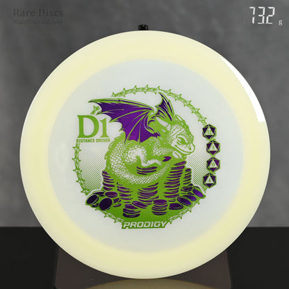 Prodigy Dragon D1 glow 400 Special Edition Distance Driver with baby dragon sitting on coins stamp and D20 dice flight numbers