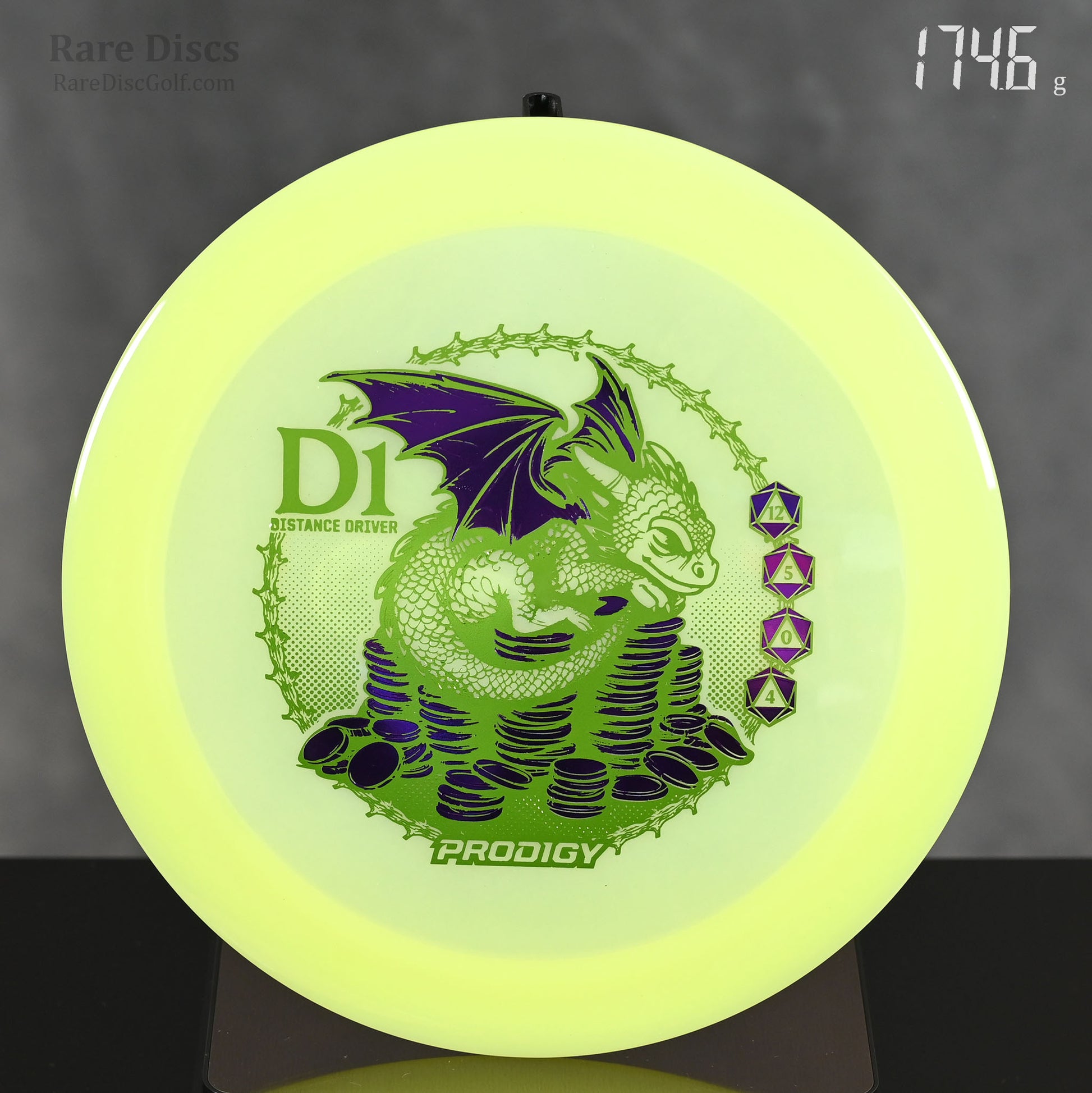 Prodigy Dragon D1 glow 400 Special Edition Distance Driver with baby dragon sitting on coins stamp and D20 dice flight numbers