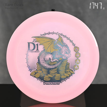 Prodigy Dragon D1 glow 400 Special Edition Distance Driver with baby dragon sitting on coins stamp and D20 dice flight numbers