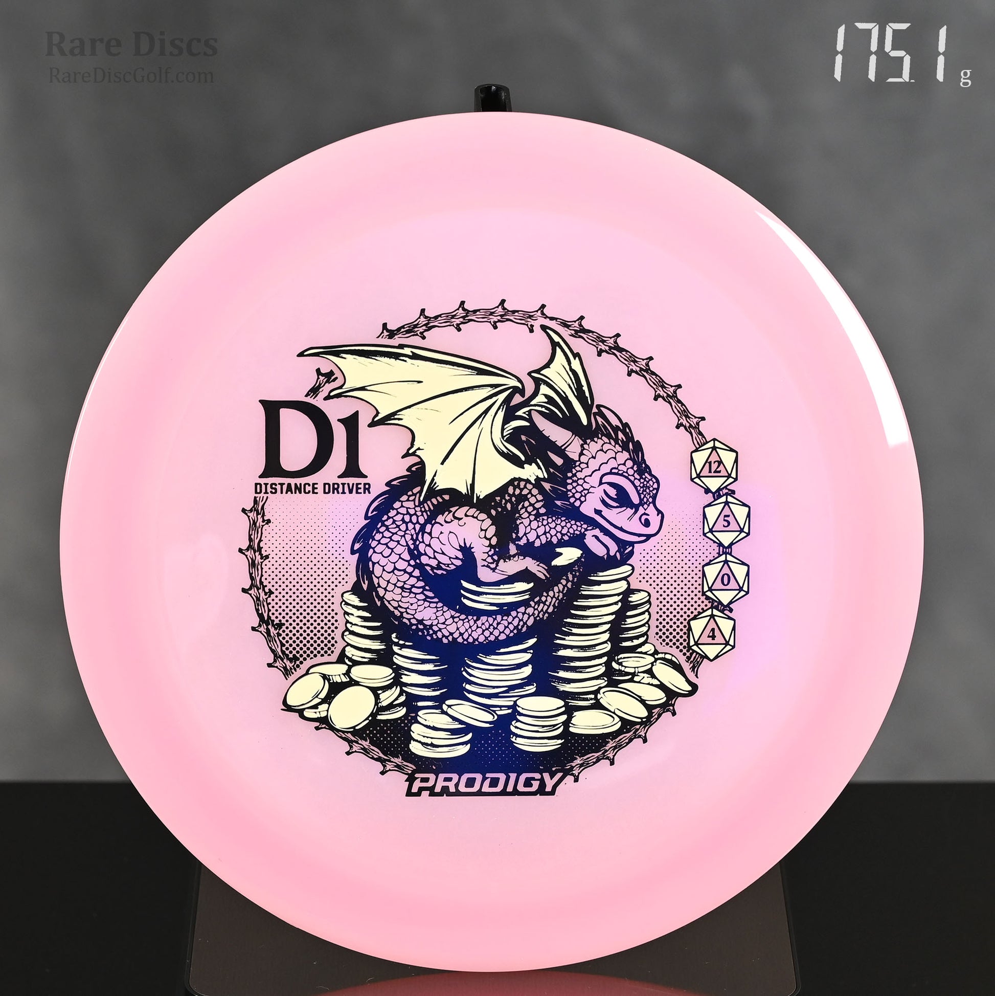 Prodigy Dragon D1 glow 400 Special Edition Distance Driver with baby dragon sitting on coins stamp and D20 dice flight numbers