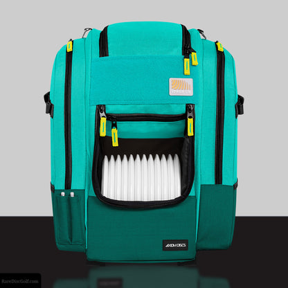 Axiom Voyager Slim disc golf backpack with upgraded straps and ripstop material aqua emerald