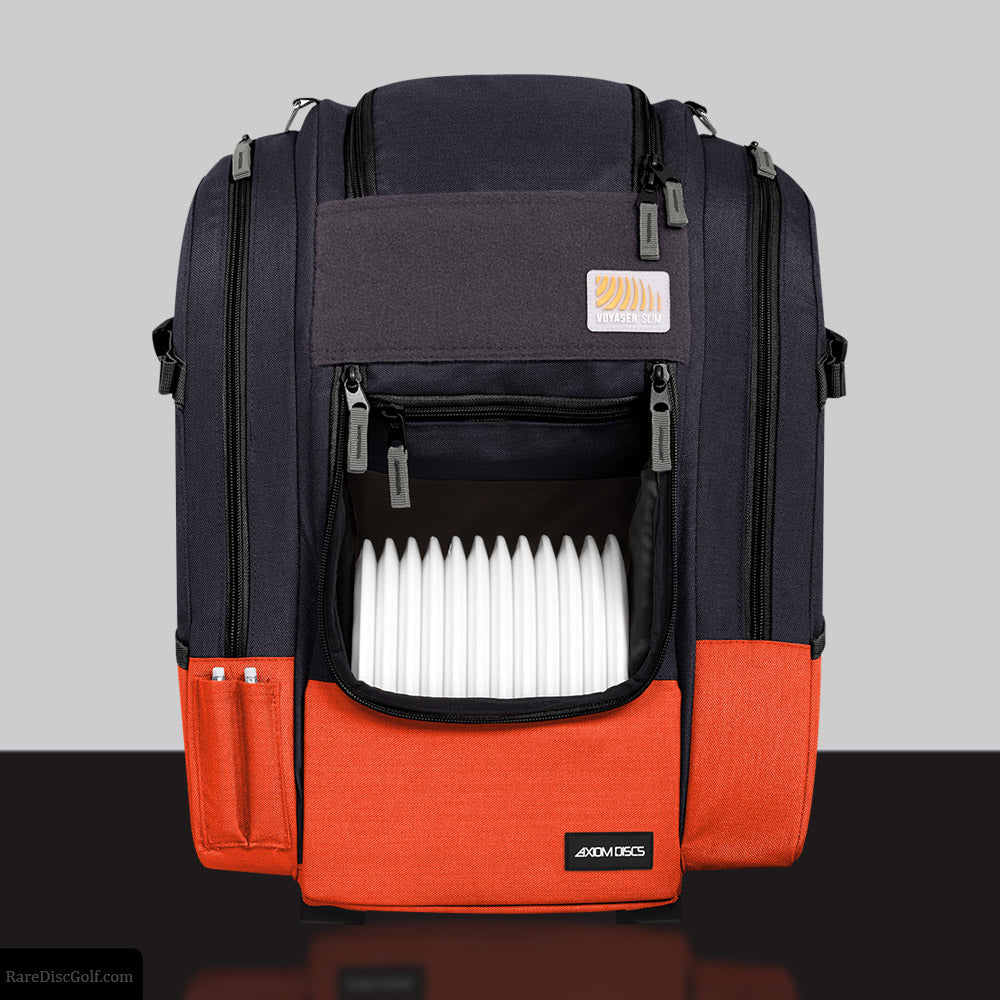Axiom Voyager Slim disc golf backpack with upgraded straps and ripstop material dark grey and orange