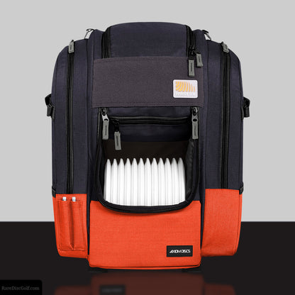 Axiom Voyager Slim disc golf backpack with upgraded straps and ripstop material dark grey and orange