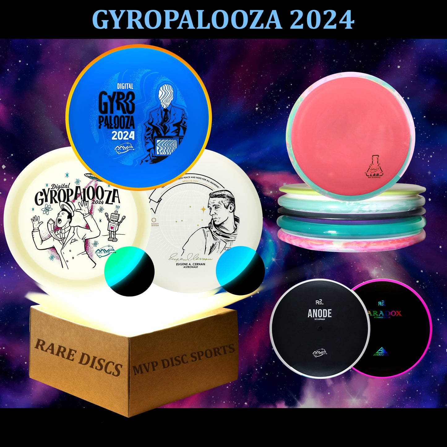 MVP Gyropalooza 2024 Mystery Box includes 11 discs, Axiom Balance Prototype, Total Eclipse Vanish and a bunch of R2 Neutron and Lab 2nds discs from Axiom, Streamline and More. Pre-Order now at Rare Discs Canada