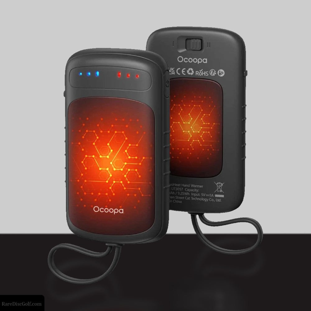 Ocoopa UT5 duo-heat rechargeable hand warmers - example glowing